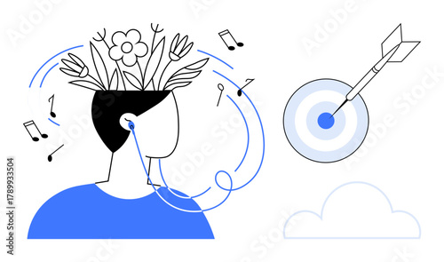 Person listening to music with flowers and leaves emerging from the head, symbolizing creativity and inspiration. A dart hitting a target represents focus and achievement. Ideal for productivity