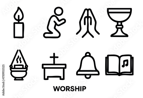 Set of eight line icons representing elements of worship: candle, praying person, praying hands, chalice, censer, altar, bell, and hymn book. Simple, bold black outlines on a white background.