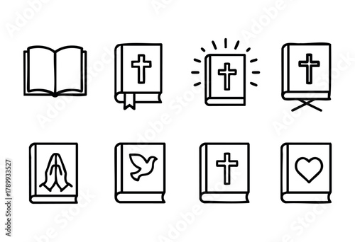 Set of eight line art icons depicting various representations of the Bible, including open book, closed book with cross, book with praying hands, dove, and heart. Perfect for religious or spiritual th