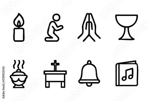 Set of eight line art icons related to religion and faith, including a candle, praying person, praying hands, chalice, incense burner, altar, bell, and hymn book. Perfect for religious websites, apps,