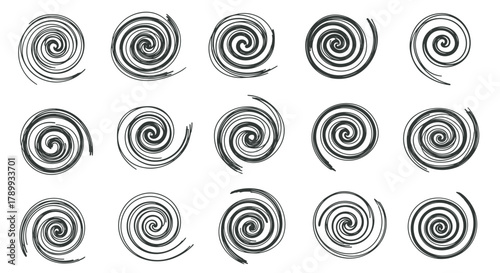 Set of hand drawn spiral shapes in a doodle sketch style. Abstract circular swirl and vortex elements for graphic design. Monochrome hypnotic twirl icons isolated on white