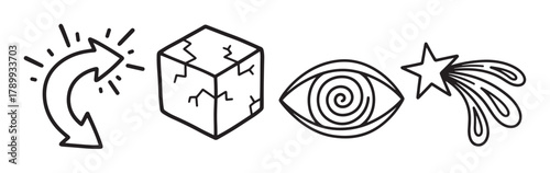 Collection of abstract doodle icons in a hand drawn style. Includes a sparkling arrow, cracked cube, hypnotic eye, and shooting star for various creative concepts