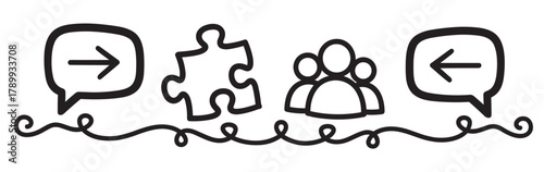 Conceptual graphic illustrating a business workflow with hand drawn icons. Teamwork, puzzle solving, group collaboration and communication feedback loop in a simple line art style