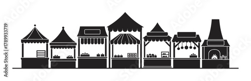 A row of various market stalls and vendor booths shown as a black silhouette. Graphic icon set for a street food festival, holiday fair, or medieval marketplace concept