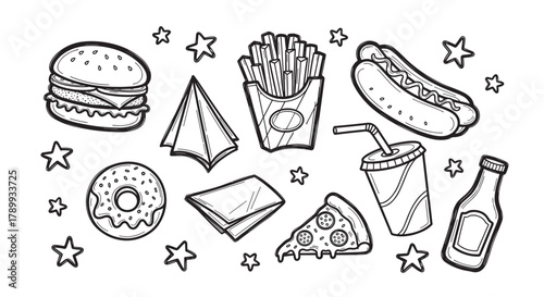 A hand drawn set of fast food icons in a doodle style. Collection of junk food elements like burger, pizza, and hot dog for menu design or coloring book pages