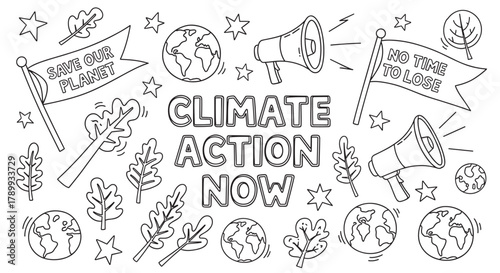 Climate action now doodle set with environmental protest slogans. Hand drawn collection of earth globes megaphones and nature icons for ecology and global warming awareness