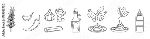 Spices and herbs icon set in a simple line art style. A collection of food ingredients like ginger, garlic, chili, and rosemary. Condiments and sauces for culinary design
