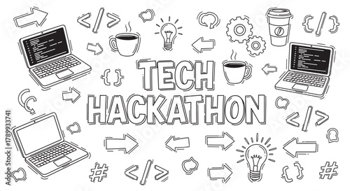 Tech hackathon doodle set with programming and development icons. Hand drawn sketch of laptops, code symbols and lightbulbs for innovation and brainstorming events