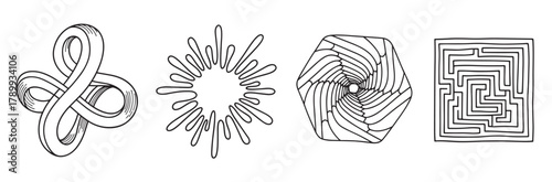 Collection of hand drawn abstract shapes featuring a decorative knot and an organic splash element. Includes a mesmerizing swirling hexagon and a classic square maze for design projects