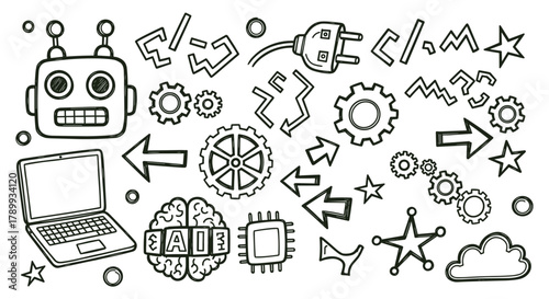 Hand drawn doodle icon set for artificial intelligence and robotics concepts. Collection of technology symbols like robot, brain, cpu and gears in a sketch style