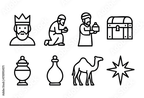 Set of eight line icons depicting the three wise men, their gifts, a camel, and the star of Bethlehem. Perfect for Christmas or religious themed designs.