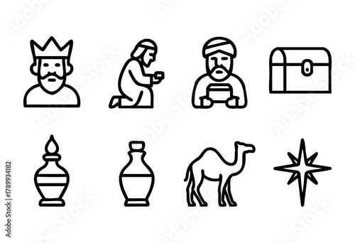 Set of eight line icons related to the Three Wise Men, depicting a king, kneeling man, man with a gift, treasure chest, oil bottles, camel, and a star. Perfect for Christmas or religious themes.