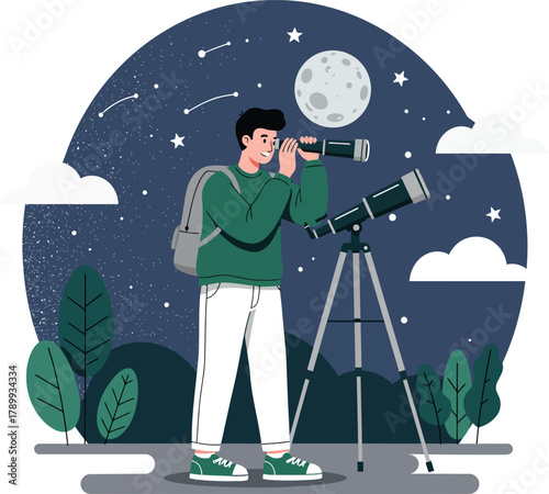 Man stargazing with telescope under night sky