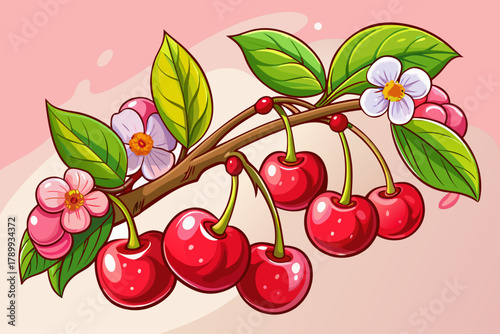 Red cherries clustered on slender branch with light pink blossoms and fresh leaves