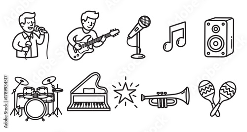 Music and concert icon set with male musicians and instruments. Collection of line art symbols for a band performance including guitar, piano, drums, and microphone