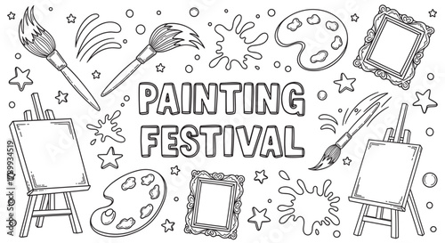Painting festival concept with doodle art supplies and creative elements. Set of hand drawn icons including easel, canvas, paintbrush, palette, and frame for a coloring page