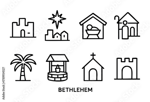A set of eight line art icons depicting key landmarks and symbols associated with Bethlehem, including a castle, star, stable with baby Jesus, church, shepherd, palm tree, well, and city buildings. Th
