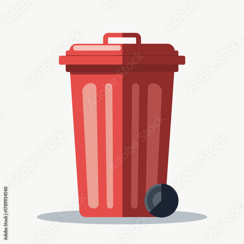 Red trash can image features rubbish bin with open top. Red trash can for general waste and recycling, placed near dark ball. Red trash can presents straightforward symbol for clean environment.