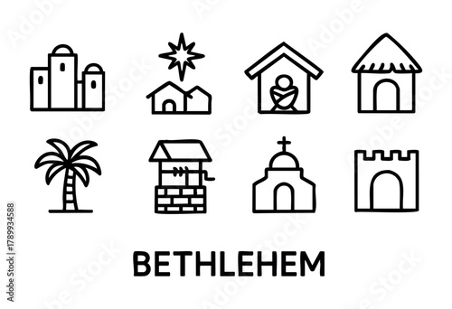 Set of eight line icons representing Bethlehem landmarks: buildings, a well, a palm tree, and the nativity scene. Simple, black line art on a white background.