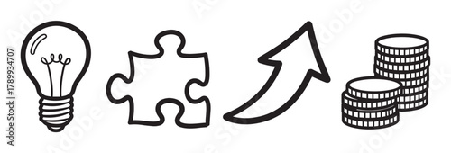 Business development process from idea to profit. A set of icons including a lightbulb, puzzle piece, growth arrow, and coins represents innovation and financial success