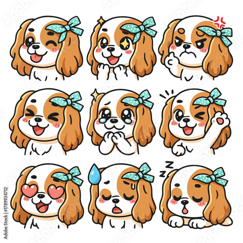 A set of cute anime dogs illustrations in various clothes doing different activities with different expressions. Stickers or badges.Cavalier King Charles Spaniel