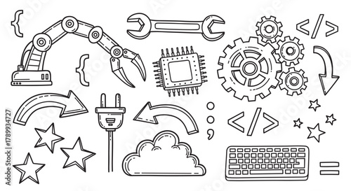 Hand drawn doodle icon set for technology and software development concepts. Collection includes robotic arm, gears, code symbols and cloud computing elements for automation themes