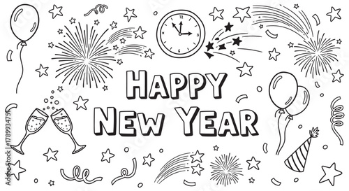 Happy new year greeting with hand drawn doodle elements for a holiday celebration. Festive banner with fireworks, a midnight clock, champagne toast, balloons and party confetti