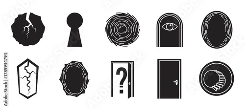 Collection of surreal black icons featuring mysterious doors, portals, and abstract symbols. Minimalist graphic elements for psychological concepts like secrets, dreams and choices