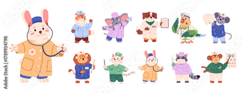 Set of cute doctors animals. Happy pediatric docs with stethoscope. Dogs, cats and rabbits pediatrician care about kids' health. Medics of hospital. Flat isolated vector illustrations on white