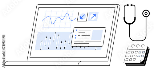 Laptop displaying medical analytics, stethoscope, and calendar. Ideal for telemedicine, healthcare data, remote monitoring, digital health record, scheduling, diagnostics simple flat metaphor