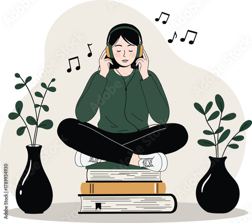Woman enjoying music while sitting on books