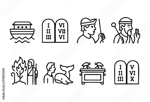 A set of eight line art icons depicting key scenes and symbols from the Old Testament: Noah's Ark, the Ten Commandments, Moses receiving the tablets, the burning bush, Jonah and the whale, and the Ark