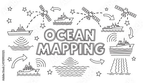 Ocean mapping concept with research vessels and satellites. Hydrographic survey using sonar and gps for bathymetric data collection. Monochrome line art drawing for scientific presentation