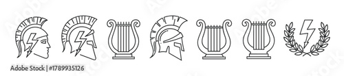 Outline icons of ancient greek and roman symbols. Featuring spartan helmets, classical lyres, and powerful lightning bolts. Ideal for mythology, history, and strength-related themes