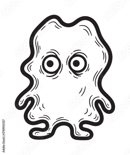 Simple black and white drawing of a funny cartoon monster or alien. Amorphous ghost character with large staring eyes for cute and spooky halloween design projects