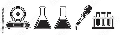 Set of scientific laboratory equipment icons for research and analysis. Collection includes flask, test tube, pipette, and scale symbols for chemistry or medical design elements