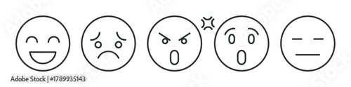 Simple line art emoji faces expressing various human emotions. A collection of happy, sad, angry, surprised, and neutral facial expressions for ui design