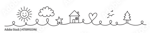Continuous one line drawing of a happy landscape with a house sun and tree. Childlike doodle art representing family love and a simple life concept for creative projects