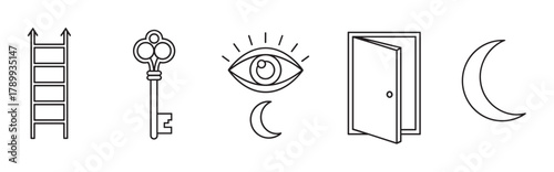 Collection of abstract spiritual symbols in a minimal line art style. Esoteric icons like a key, ladder, third eye, open door, and moon for magical or occult themes