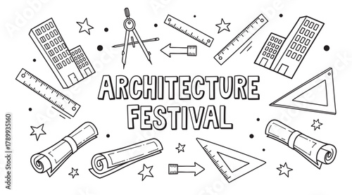Architecture festival banner with doodle style elements. Set of architect tools like compass, ruler, and blueprints for an engineering or design event promotion concept