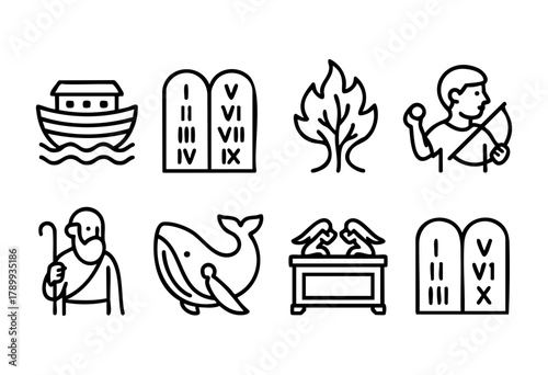 Set of eight line art icons depicting key biblical scenes and symbols: Noah's Ark, the Ten Commandments, the Tree of Life, David with a Sling, Moses with a staff, Jonah and the Whale, the Ark of the C