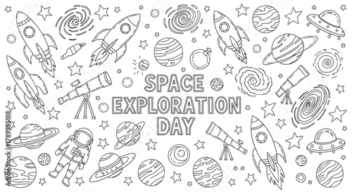 Doodle set for space exploration day with rockets, planets and an astronaut. Black and white outline collection for a children's coloring book page or educational banner