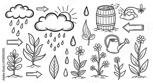 Hand drawn nature and gardening elements collection. Includes clouds, rain, sun, plants, flowers, and watering tools. Ideal for environmental themes or educational design projects