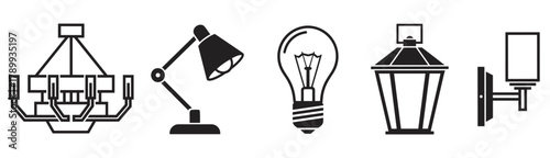 Collection of lighting fixture icons for interior and exterior design. Set includes chandelier, desk lamp, light bulb, lantern, and wall sconce for graphic projects