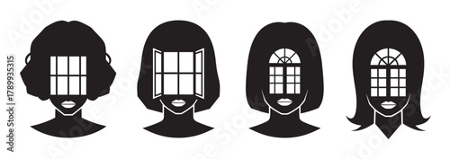 Set of female silhouettes with windows instead of faces representing an inner world. Conceptual metaphor for psychology, mental health, and personal perspective or openness