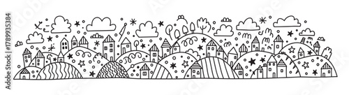 Hand drawn doodle of a whimsical village on rolling hills with cute houses and trees. Simple line art in a naive, childlike style for coloring or creative design projects
