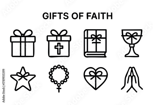 Set of eight line icons representing gifts of faith: gift boxes, a book, a chalice, a star, rosary beads, a heart-shaped box, and praying hands..