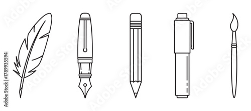 Set of writing and drawing tools in a minimal line art style. Collection of icons including a quill, fountain pen, pencil, marker, and paintbrush for creative concepts