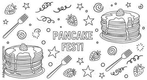 Pancake fest doodle collection with breakfast food and celebration elements. Hand drawn line art of pancakes with strawberries for a festival invitation or coloring book