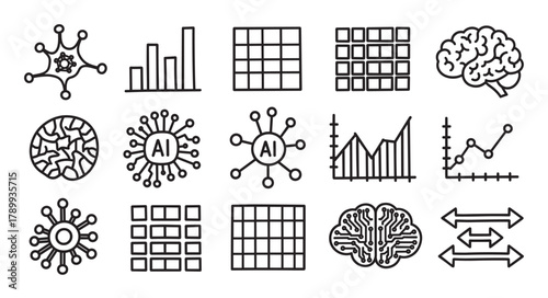 Artificial intelligence and data science icon set in a hand drawn outline style. Collection includes symbols for neural networks, brain activity, charts and analytics